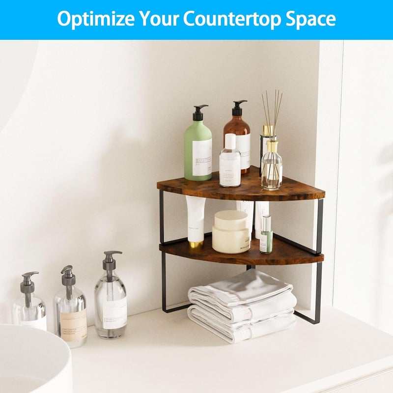 Golener Corner Shelf Countertop Organizer - Set of 2 Corner Shelves for Kitchen Cabinet Organizer, Spice Rack, Stackable Bathroom Organizers and Storage, Sink Rack, Corner Cabinet, Counter Decor, Rustic Brown - Image 5